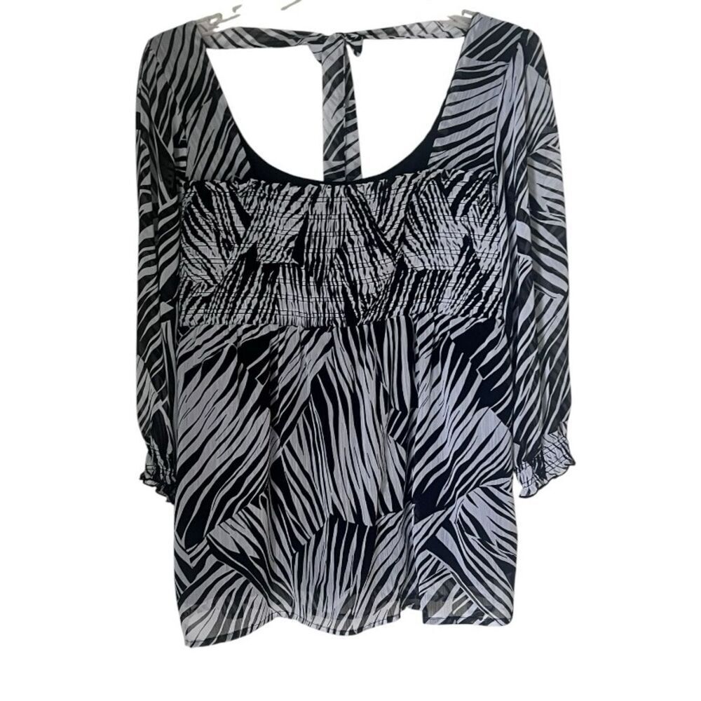 AGB Black White Zebra Print Smocked Sheer 3/4 Sleeve Boho Top Flowy Blouse sz L